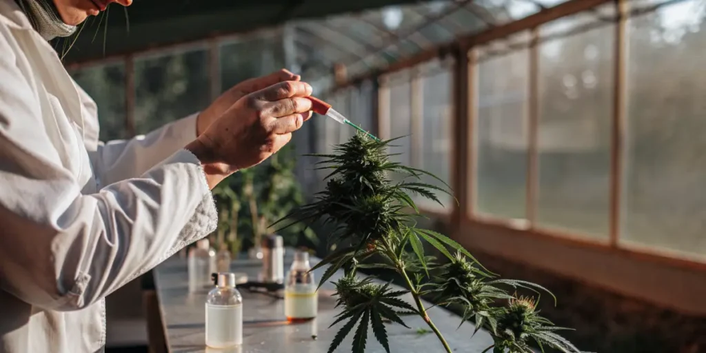 scientist injecting cannabis flower with a dropper for laboratory testing