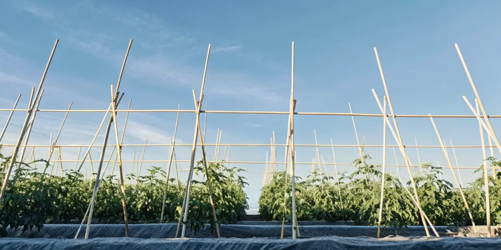 Outdoor cannabis plants supported by bamboo stakes under a clear blue sky on a sustainable farm.