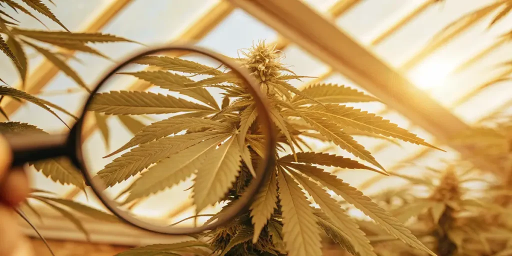 magnifying cannabis leaves and bud in a sunlit greenhouse
