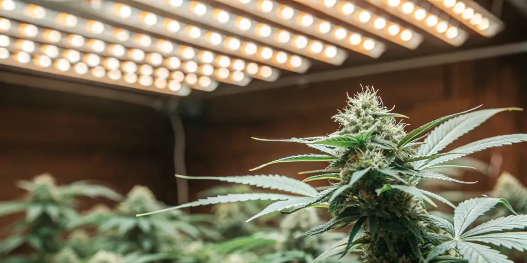 Close-up of mature cannabis bud under LED grow lamps in indoor garden.