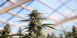 mature cannabis plant with dense buds inside greenhouse