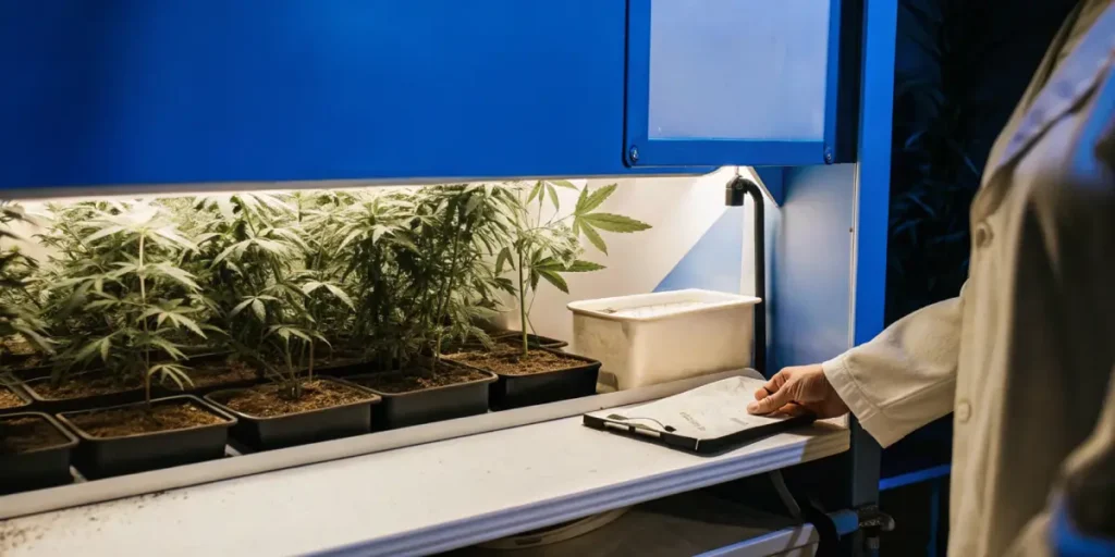 Medical cannabis lab seedling monitoring station — scientist monitoring cannabis seedlings under bright laboratory grow lights inside a controlled research cabinet.