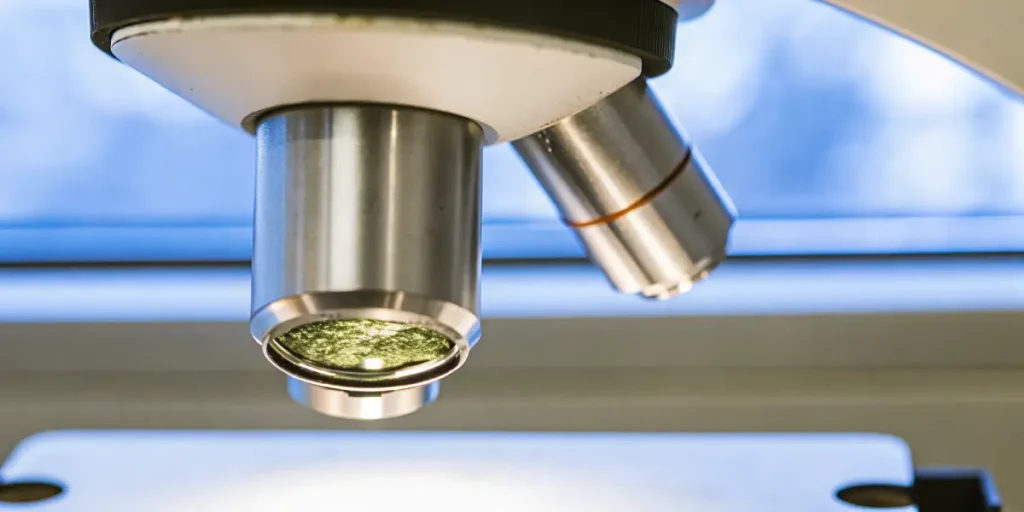 Microscopic view of a cannabis leaf sample under laboratory light.