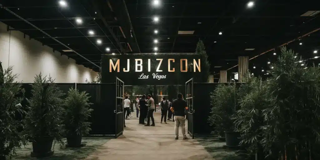 Entrance of MJBizCon Las Vegas with attendees walking into the cannabis industry expo, surrounded by decorative plants.