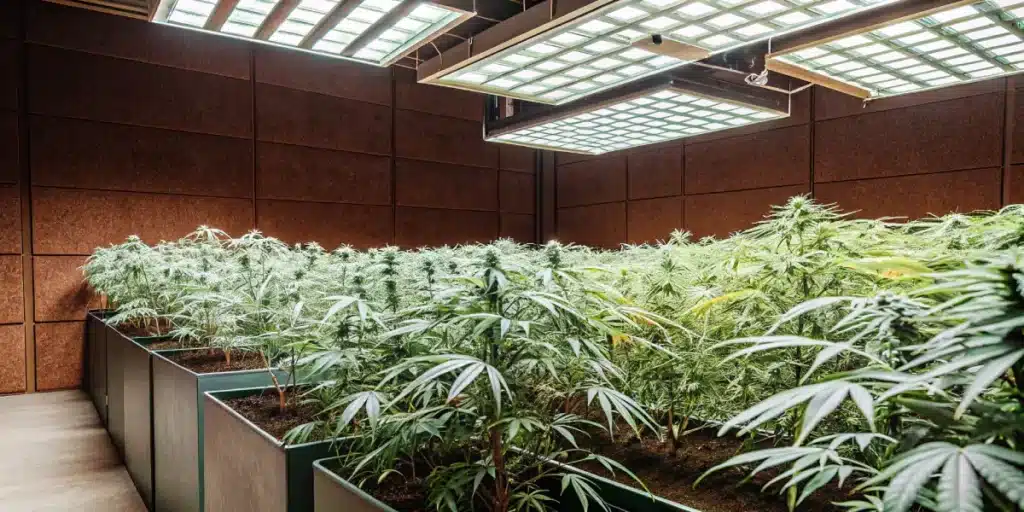 cannabis plants growing under LED panels in a modern grow room
