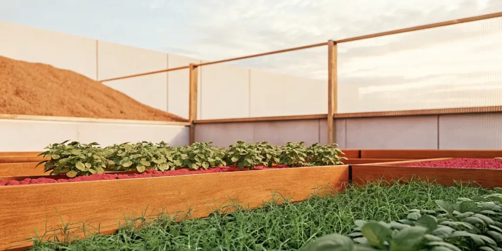 Organic raised beds filled with green leafy plants and rich soil under sunlight.