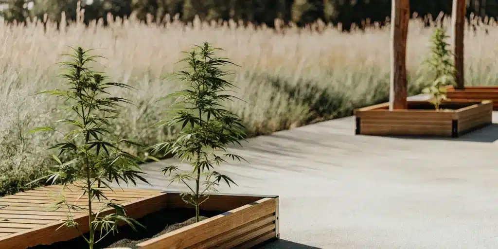 Outdoor cannabis plants growing in wooden planters under natural sunlight.