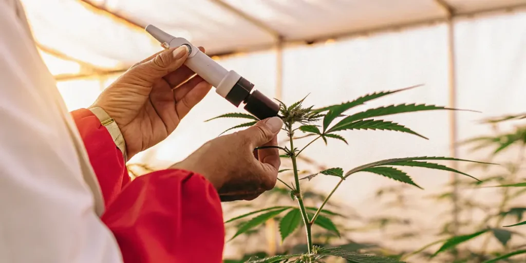 refractometer testing cannabis plant under greenhouse light