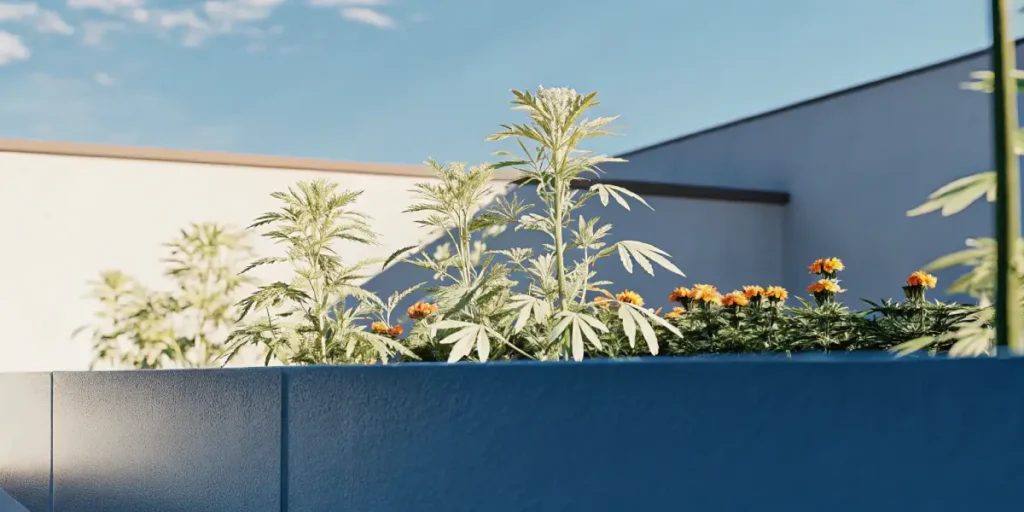 Cannabis plants and orange marigold flowers growing together on a sunny rooftop garden.
