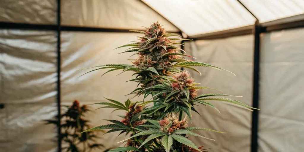 Runtz cannabis plant in indoor grow tent with red-tinted buds and green leaves.