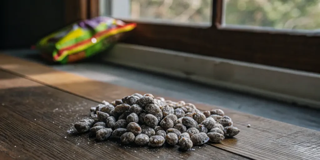 Runtz cannabis seeds on a dark wooden table near a window with soft light.