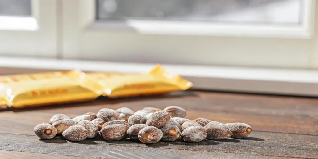 Runtz cannabis seeds on a wooden table under bright natural window light.