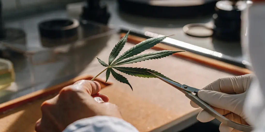 Scientist trimming and analyzing a cannabis leaf in a laboratory.