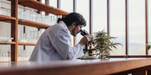 scientist examining cannabis plant sample under microscope in laboratory