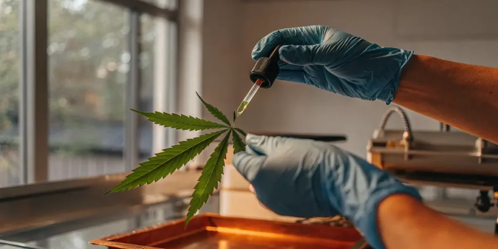 scientist testing cannabis leaf with dropper inside laboratory