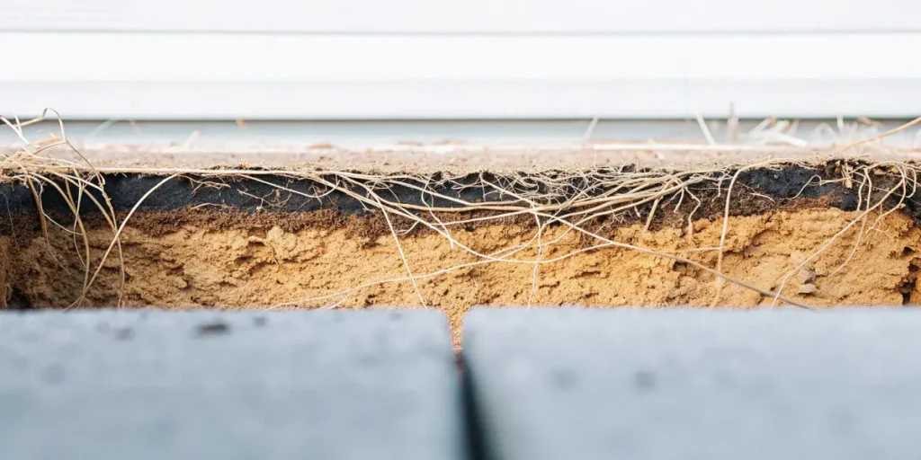 Cross-section of soil showing compacted layers and visible root structures.