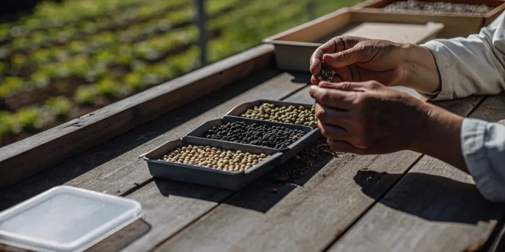 botanist sorting cannabis seeds by color and size on a wooden table
