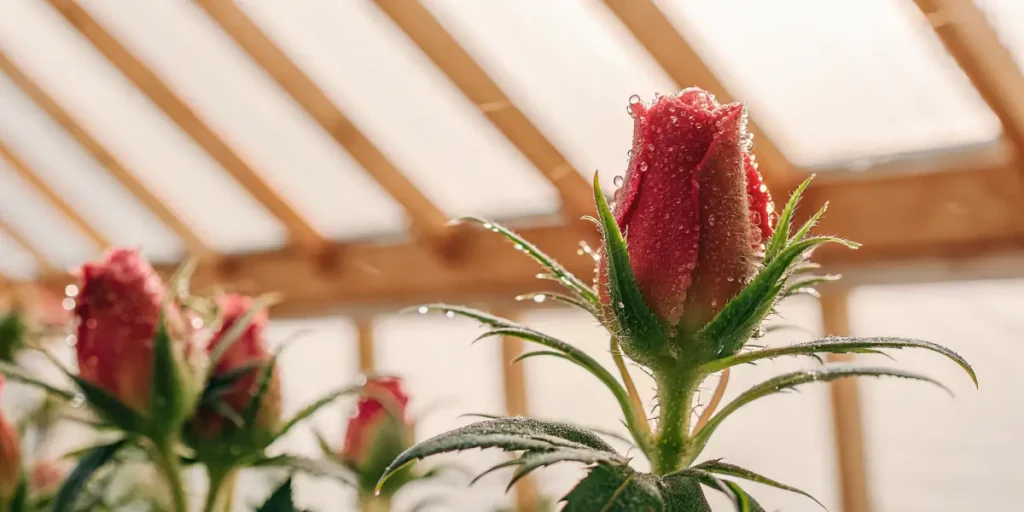 Sticky resin autoflower bud with dew drops inside greenhouse light.
