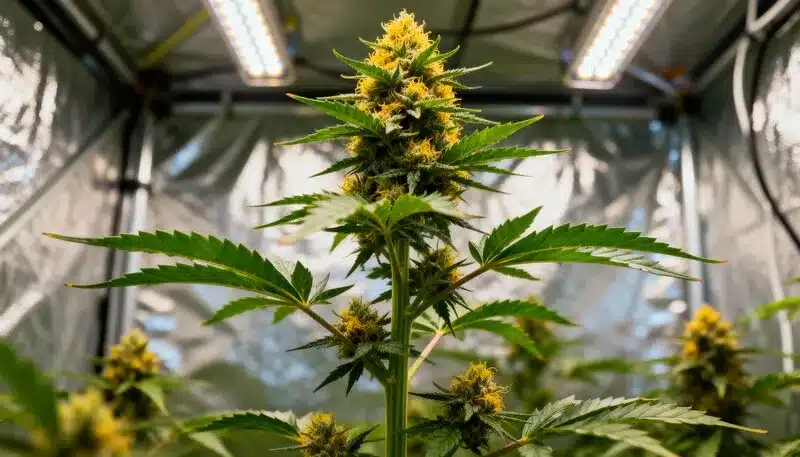 Amnesia Blue Headband Indoor Flowering Under LED Lights.