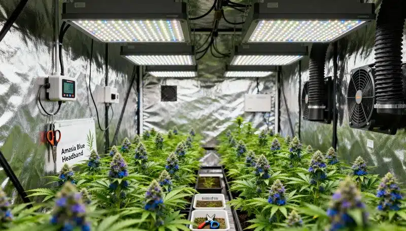 Amnesia Blue Headband plants flowering in a professional indoor setup with LED panels, forming thick colas and producing intense citrus-pine aroma.