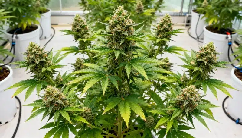Amnesia Bubba Autoflower F1 thriving in a hydroponic system, producing dense buds and foliage under optimal light and nutrient conditions.