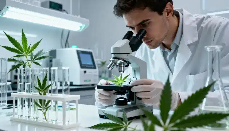 Amnesia F1 cannabis sample under scientific analysis in a modern lab, studying trichomes and cannabinoid structure for advanced hybrid development.