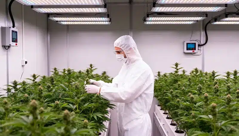 Amnesia F1 plants being inspected in a clean indoor facility under LED lights, ensuring optimal growth, purity, and consistent hybrid performance.