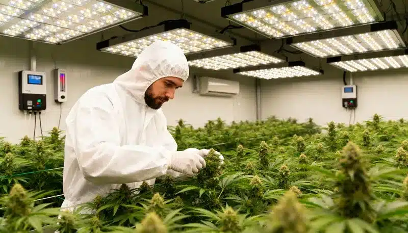 Amnesia Fast Version plants thriving indoors under LED panels, featuring dense buds and rapid flowering ideal for professional high-yield production.