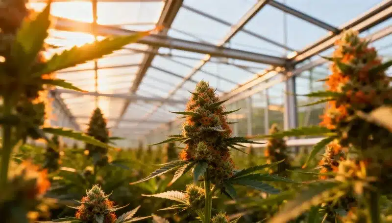 Amnesia Haze Autoflower F1 in full bloom inside a greenhouse, showcasing dense, resin-rich buds and fast flowering under sunlight exposure.