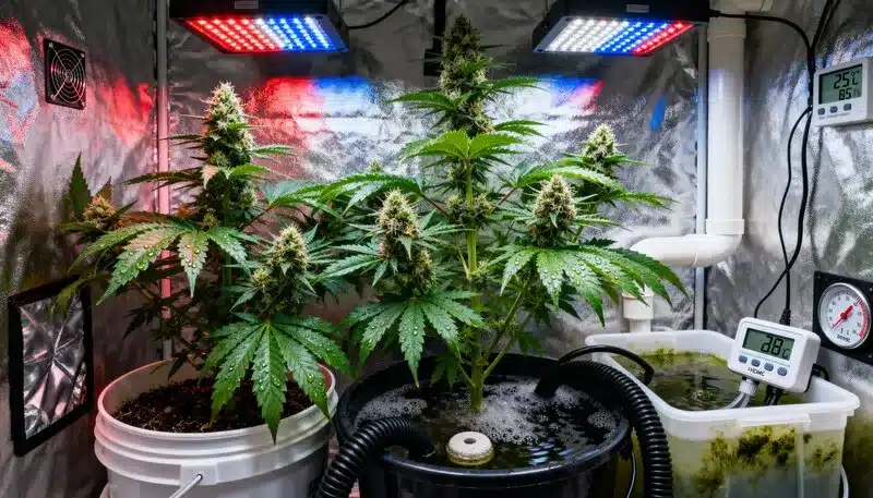 Amnesia strain grown in a hydroponic system under LED lights, developing thick buds and strong aroma, optimized for precision climate control.