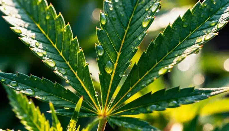 Amnesia Kush leaf glistening with morning dew, highlighting green tones and the plant’s natural vigor under outdoor cultivation conditions.