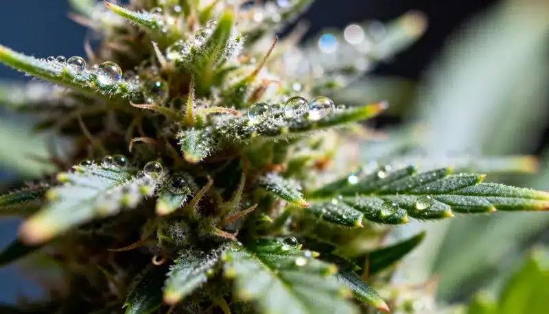 Amnesia Kush Regular close-up showing resin-coated buds with crystal trichomes and dew drops, highlighting its strong citrus scent and THC potency.