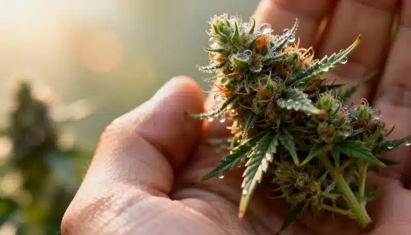 Amnesia Kush bud with visible trichomes and dew, showcasing its dense structure, citrus aroma, and strong THC-rich resin production.