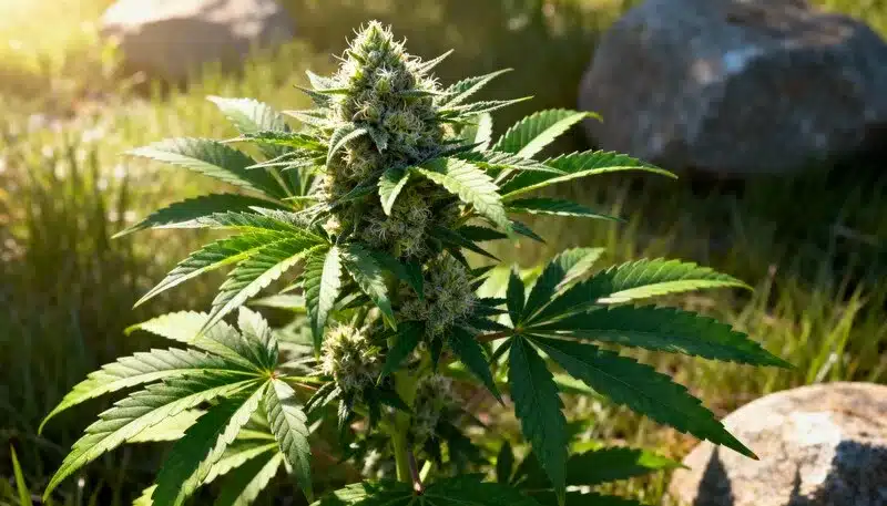 Amnesia Lemon Cake Boom Regular thriving outdoors under full sunlight, producing thick buds with a sweet citrus fragrance and hybrid structure.