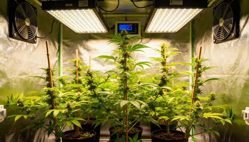 Amnesia x Kali Mist in its flowering phase indoors, featuring tall sativa-like plants supported by bamboo stakes and illuminated by LED grow lights for dense bud production.