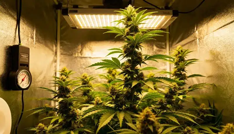 Amnesia x Nicole Kush thriving in a controlled indoor environment with optimal temperature and humidity, producing large buds and lush green foliage.