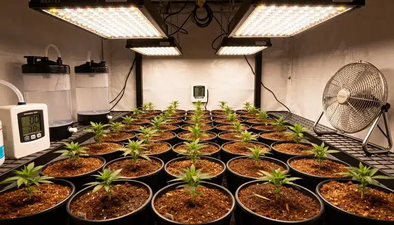 Auto Northern Lights CBD seedlings thriving under LED lights in a ventilated indoor setup, optimized for balanced CBD and minimal THC production.
