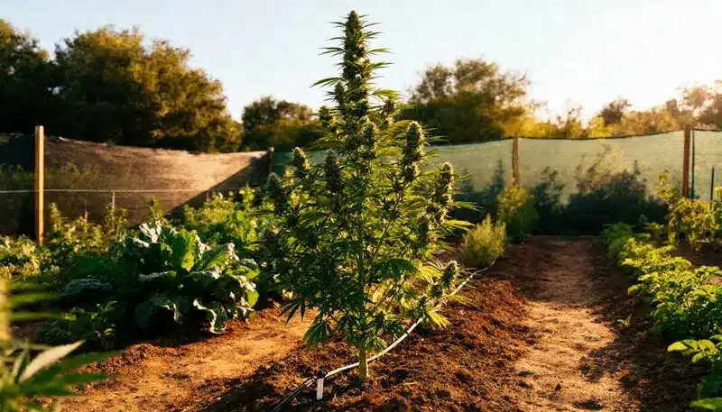 Badazz Rolex flourishing outdoors in organic soil, producing robust plants with thick, resinous buds and an earthy, fuel-like aroma typical of its lineage.