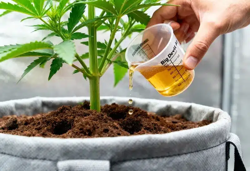 Grower adding nutrients to Big Devil Auto plants to boost flowering and resin production, ensuring optimal growth and aromatic buds.
