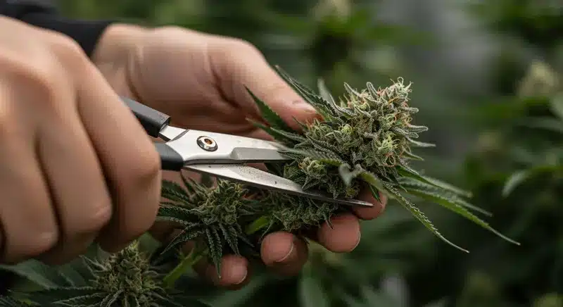 Grower carefully trimming Black Domina Regular buds, highlighting the strain’s resin-rich flowers and earthy aroma during the harvest process.
