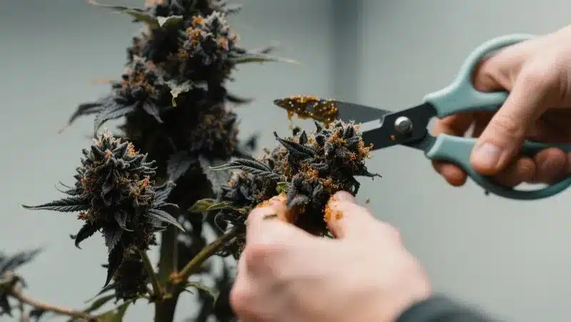Grower trimming resin-covered Black Domina x Banana Kush buds, showcasing its compact flowers with dark hues.