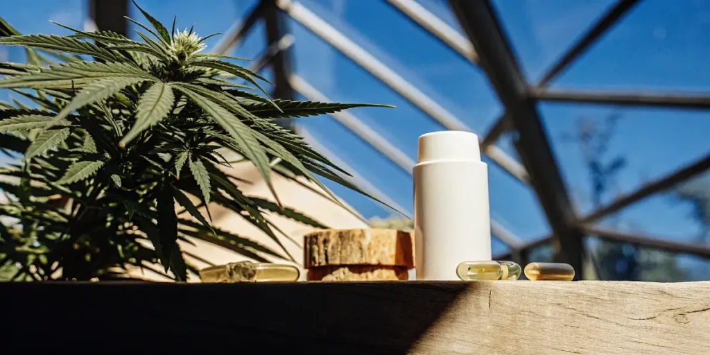 Plante de cannabis en serre à côté d’un flacon blanc et de gélules huileuses sous la lumière du soleil.