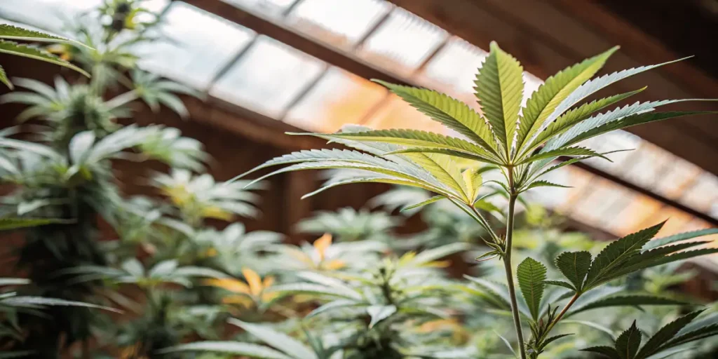 Feuille de cannabis en gros plan dans une serre éclairée, montrant une croissance saine sous lumière naturelle.