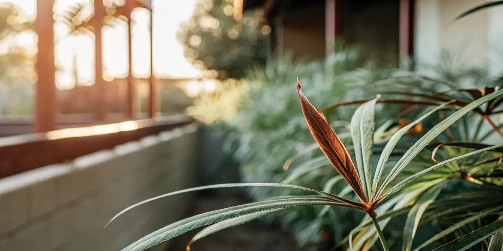 Macro shot of a cannabis leaf affected by nutrient burn in an outdoor garden.