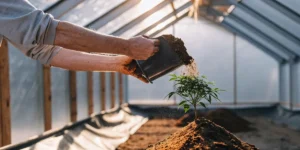Farmer adding fresh soil around a young cannabis seedling inside a greenhouse for better root support and growth.
