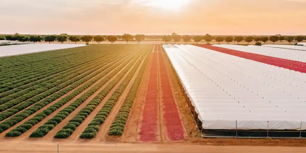 aerial view of cannabis farm with greenhouses at sunset