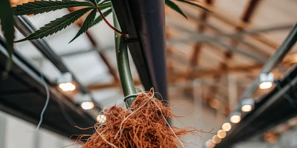 Cannabis aeroponic roots system showing exposed roots hanging beneath a stem inside a greenhouse setup.