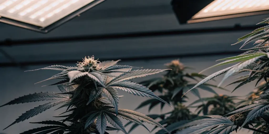 Cannabis-bourgeon-lampe-led-culture avec des fleurs en développement sous éclairage LED professionnel.