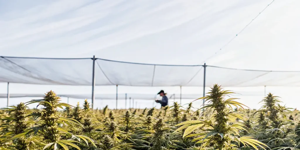 cannabis farm with grower under sunlight and protective shade net