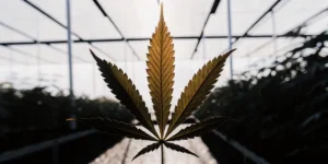 Feuille de cannabis montrant une carence nutritive avec des zones brunies, photographiée en gros plan dans une serre éclairée.